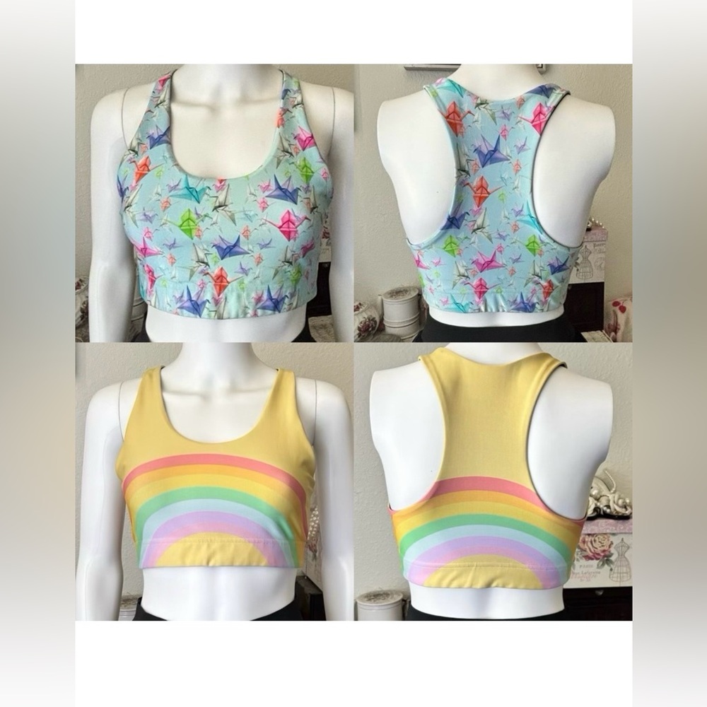Terez Sports Bras DuoKnit Rainbow & Origami Crane Blue Yellow 2 Pc. Bundle Sz. M